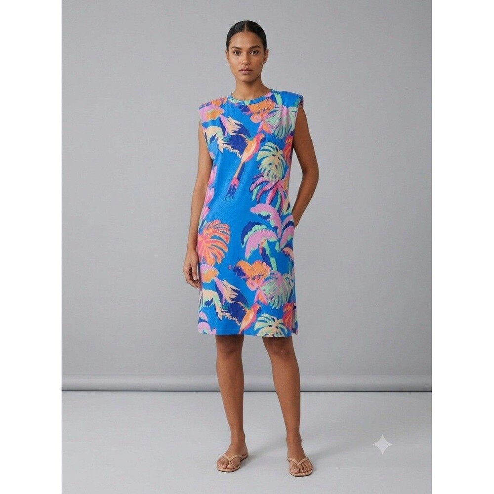 Farm Rio Made of Brasil Orange Parrot Graphic Padded Shoulder T-Shirt Dress S - Picture 8 of 15